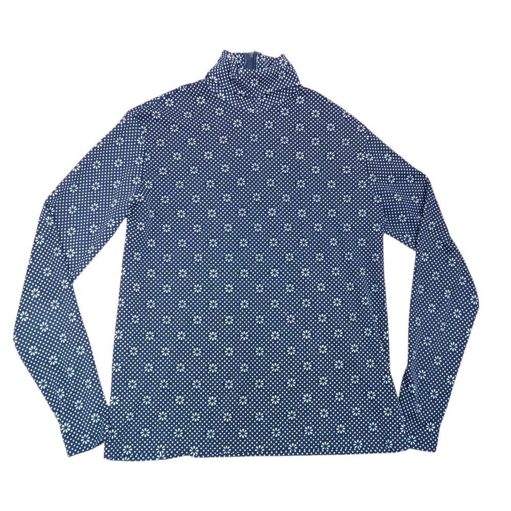 Vintage 70s Navy Blue and White Polka Dot Floral Stretchy Turtleneck Top M